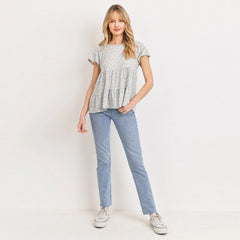 Dot Textured Print Jersey Crew Neck Ruffled Short Sleeve Top