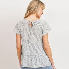 Dot Textured Print Jersey Crew Neck Ruffled Short Sleeve Top