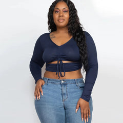Drawstring Ruched Cutout Crop Stretch Knit Plus Women's Top