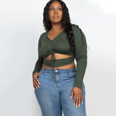 Drawstring Ruched Cutout Crop Stretch Knit Plus Women's Top
