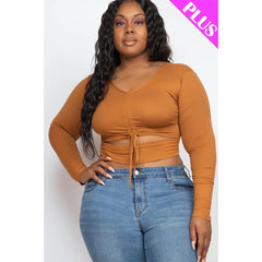 Drawstring Ruched Cutout Crop Stretch Knit Plus Women's Top