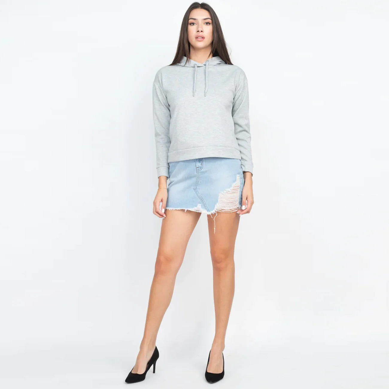 Drawstrings Long Sleeves Hoodied Sweater - Grey