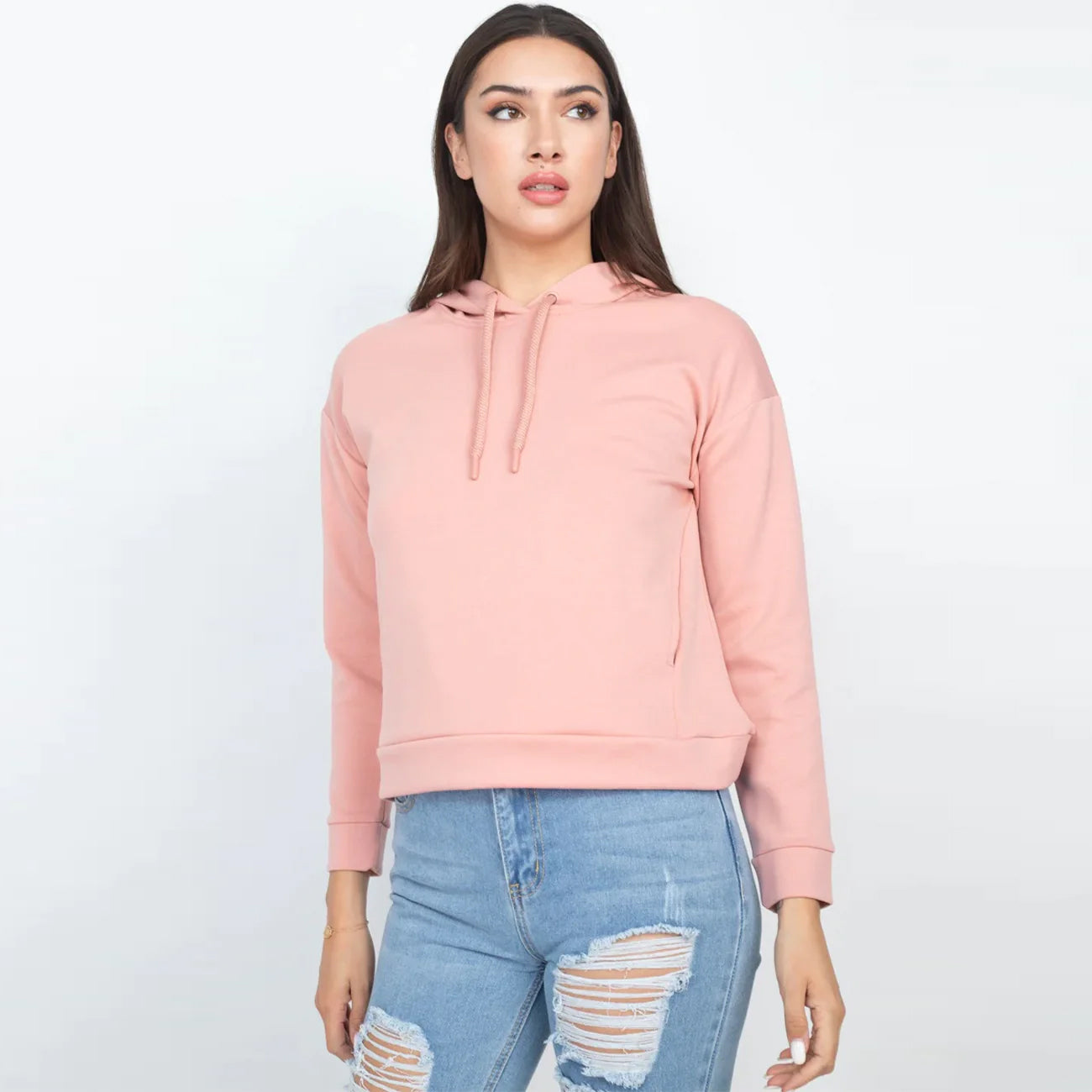 Drawstrings Long Sleeves Hoodie Sweater - Peach