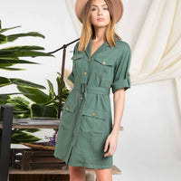 Drop Shoulder With Saist Tie Belted Dress - Green