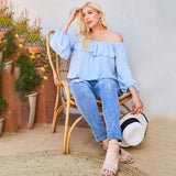 Dusty Blue Off Shoulder Ruffle Bubble Sleeve Women's Top