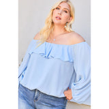 Dusty Blue Off Shoulder Ruffle Bubble Sleeve Women's Top