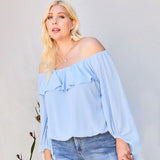 Dusty Blue Off Shoulder Ruffle Bubble Sleeve Women's Top