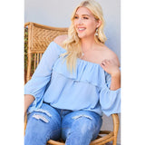 Dusty Blue Off Shoulder Ruffle Bubble Sleeve Women's Top