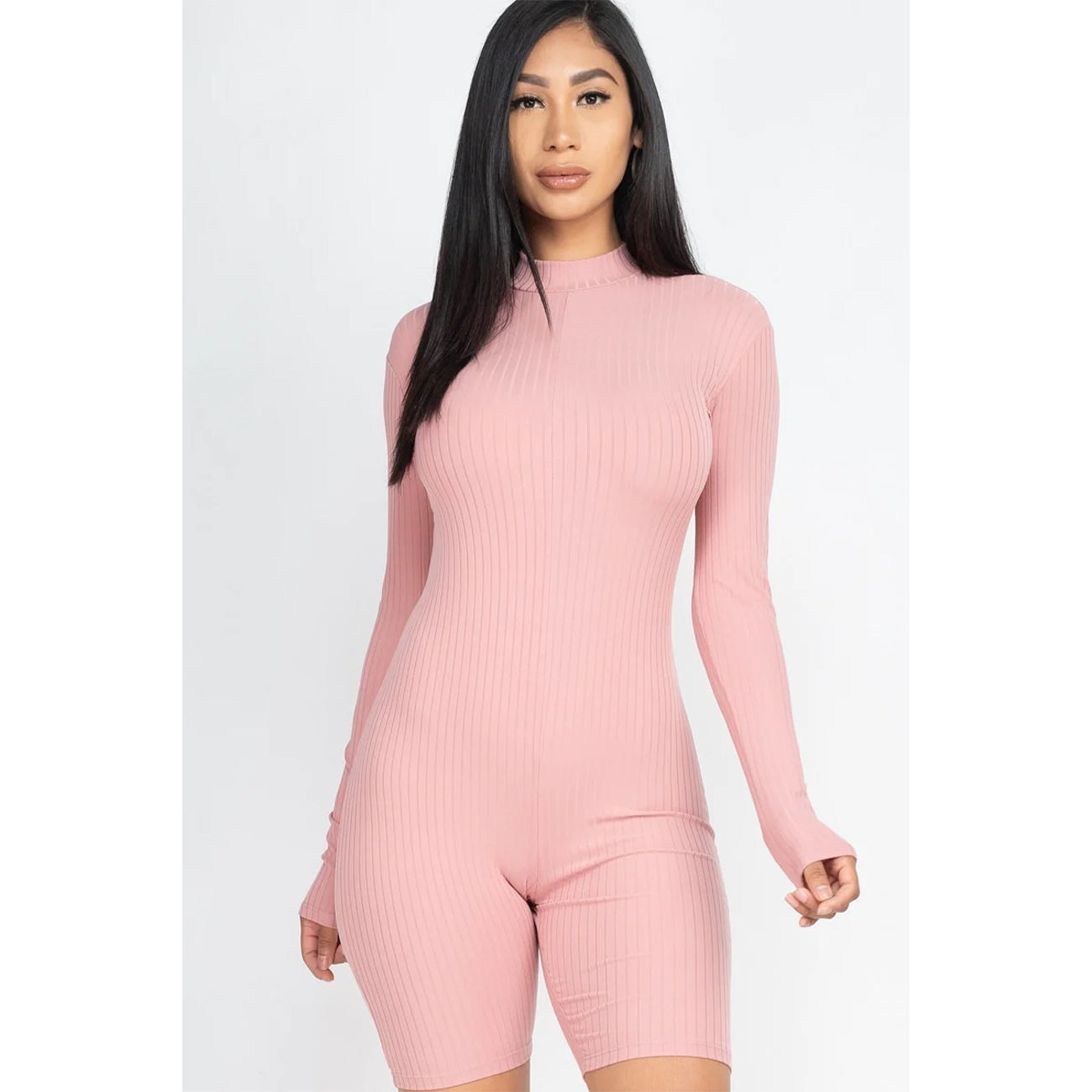 Fitted Mock Neck Ribbed Knit Romper