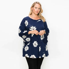 Floral Bubble Sleeve Tunic Round Neck Women's Top