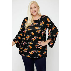 Floral Bubble Sleeve Tunic Round Neck Women's Top