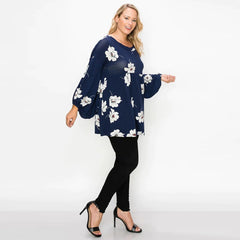 Floral Bubble Sleeve Tunic Round Neck Women's Top