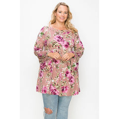 Floral Bubble Sleeve Tunic Round Neck Women's Top