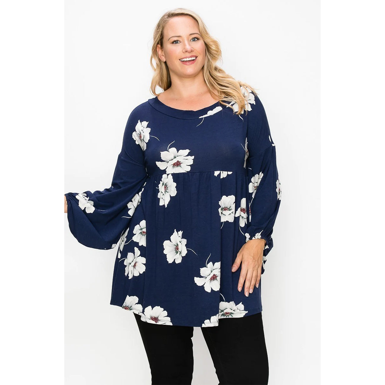 Floral Bubble Sleeve Tunic Round Neck Women's Top