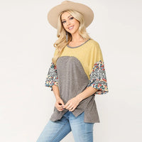 Floral Print Mixed Top with Dolman Sleeve