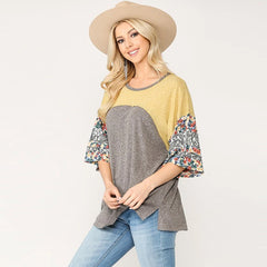 Floral Print Mixed Top with Dolman Sleeve