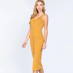 Front Button Slit Rib Cami Midi Dress - Yellow