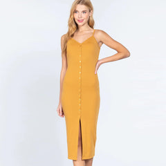 Front Button Slit Rib Cami Midi Dress - Yellow