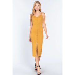 Front Button Slit Rib Cami Midi Dress - Yellow
