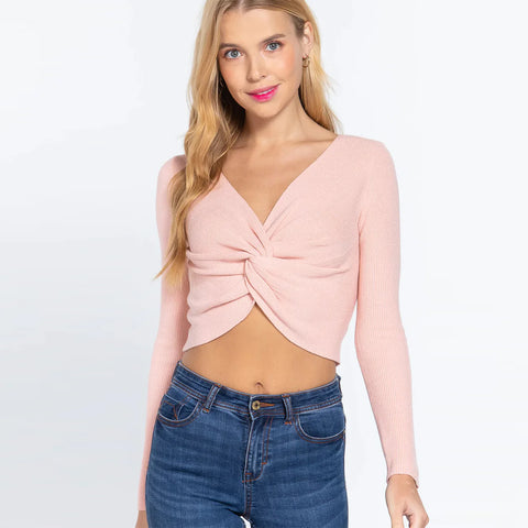Front Knotted Crop V-neck Women's Sweater