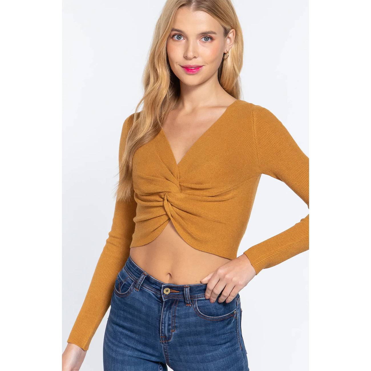 Front Knotted Crop V-neck Women's Sweater