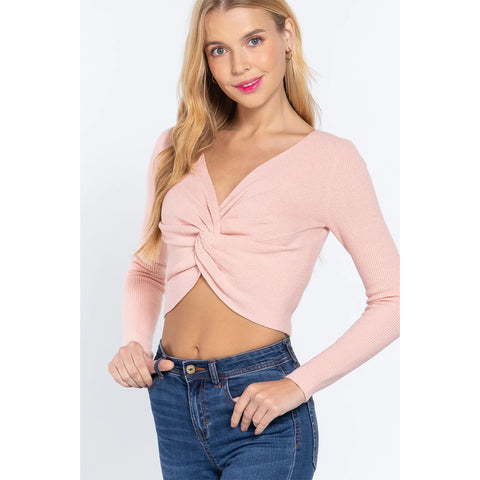 Front Knotted Crop V-neck Women's Sweater