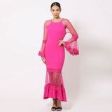 Fuchsia Bell Sleeve Mesh Combined Fashion Long Dress