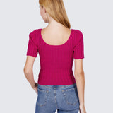 Fuchsia Short Sleeve Rib Cotton Women's Sweater Top