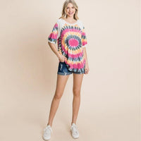 Fuchsia Tie Dye Printed Mini Sleeves Tunic Women's Top
