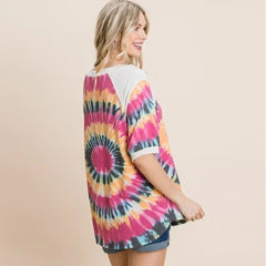 Fuchsia Tie Dye Printed Mini Sleeves Tunic Women's Top