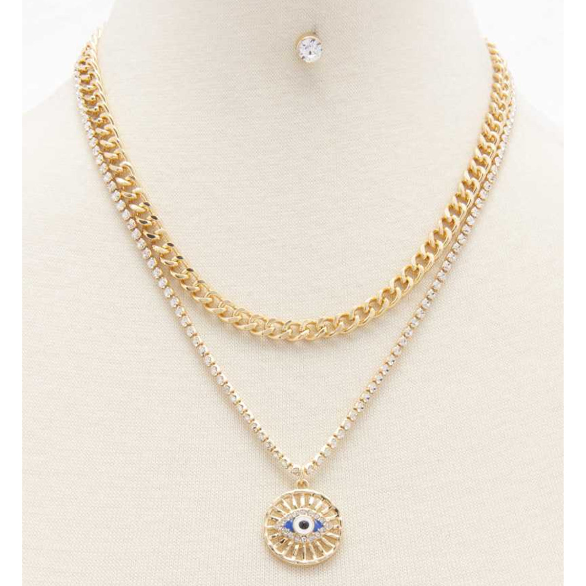 Gold Eye Charm Rhinestone Layered Necklace