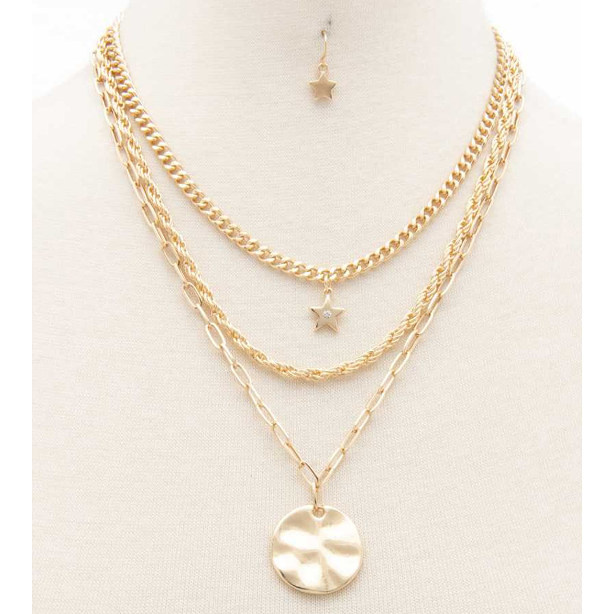 Gold Hammered Disc Star Charm Layered Necklace