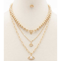 Gold Sodajo Eye Charm Metal Bead Layered Necklace