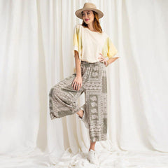 Green Grey Printed Terry Knit Wide Leg Comfy Pants