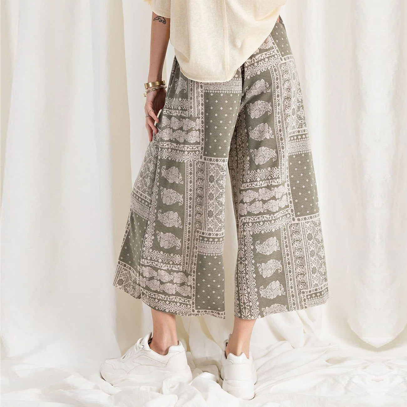 Green Grey Printed Terry Knit Wide Leg Comfy Pants