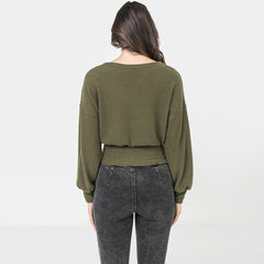 Green Knit Top Featuring Wide Neckline