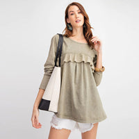 Green Olive Long Sleeve Ruffled Tunic Top
