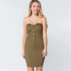 Green Strapless Button Down Mini Dress