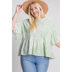 Green Tie Dye Ruffled Sleeves Plus Women's Blouse