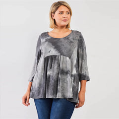 Grey Multicolor Tie-dye Midi Sleeve Plus Women's Top