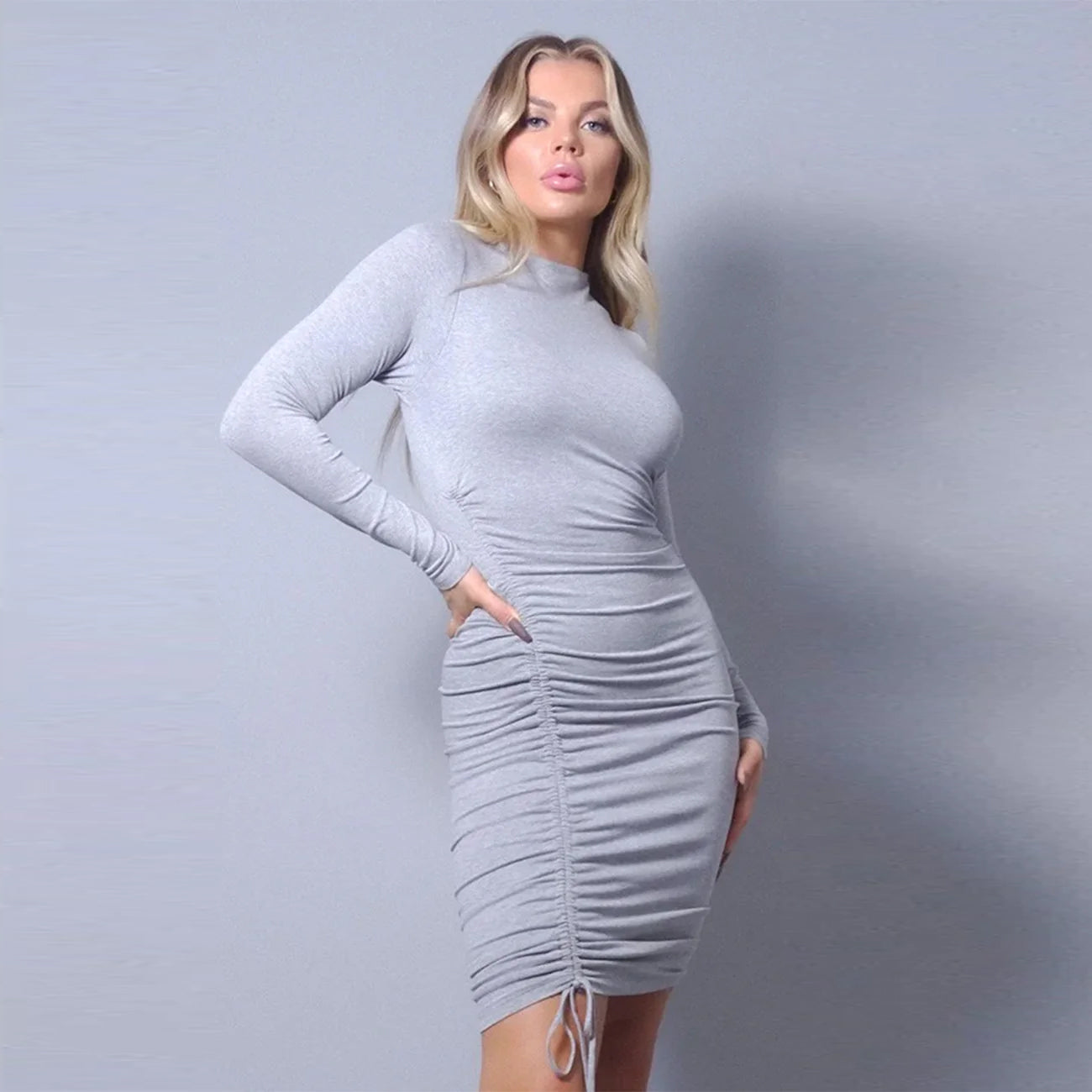 Grey Sexy Long Sleeve Mock Neck Side Mini Dress