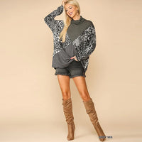 Grey Solid and Leopard Print Turtleneck with Long Sleeves Blouse