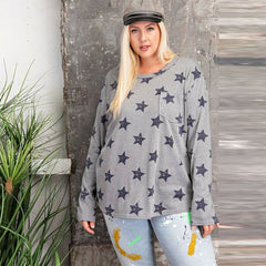 Heather Grey Star Printed Loose Fit Plus Women's Top