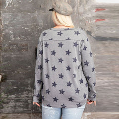 Heather Grey Star Printed Loose Fit Plus Women's Top