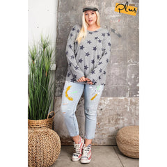 Heather Grey Star Printed Loose Fit Plus Women's Top