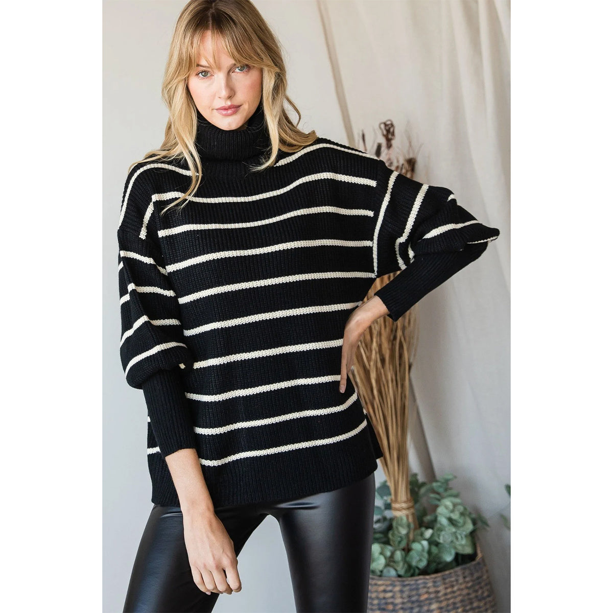 Heavy Knit Striped Turtleneck Knit Women's Sweater