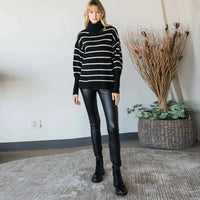 Heavy Knit Striped Turtleneck Knit Women's Sweater
