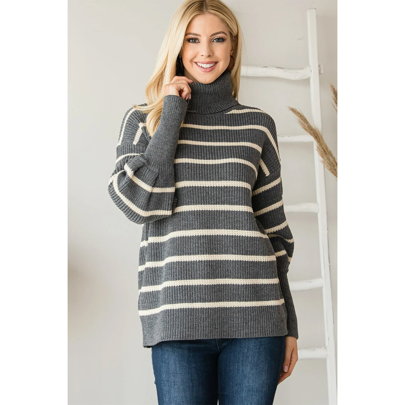 Heavy Knit Striped Turtleneck Knit Women's Sweater