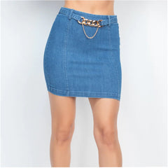 High-rise Belted Chain Denim Skirt
