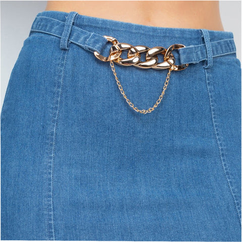 High-rise Belted Chain Denim Skirt
